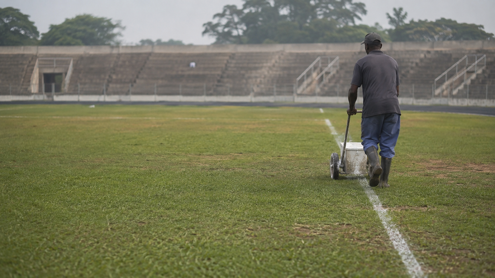 Alt: Groundskeeper marks football pitch before an empty stadium