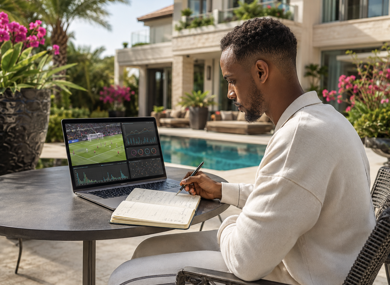 ALT: Man taking notes beside a laptop showing a football match and betting data by the pool.